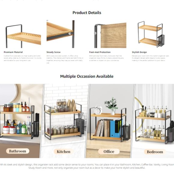 2-Tier Acacia Wood Countertop Organizer for Makeup/ Vanity/ Bathroom/ Kitchen - Picture 8 of 11